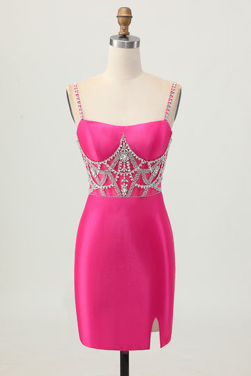 Fuchsia Beaded Satin Bodycon Homecoming Dress With Slit